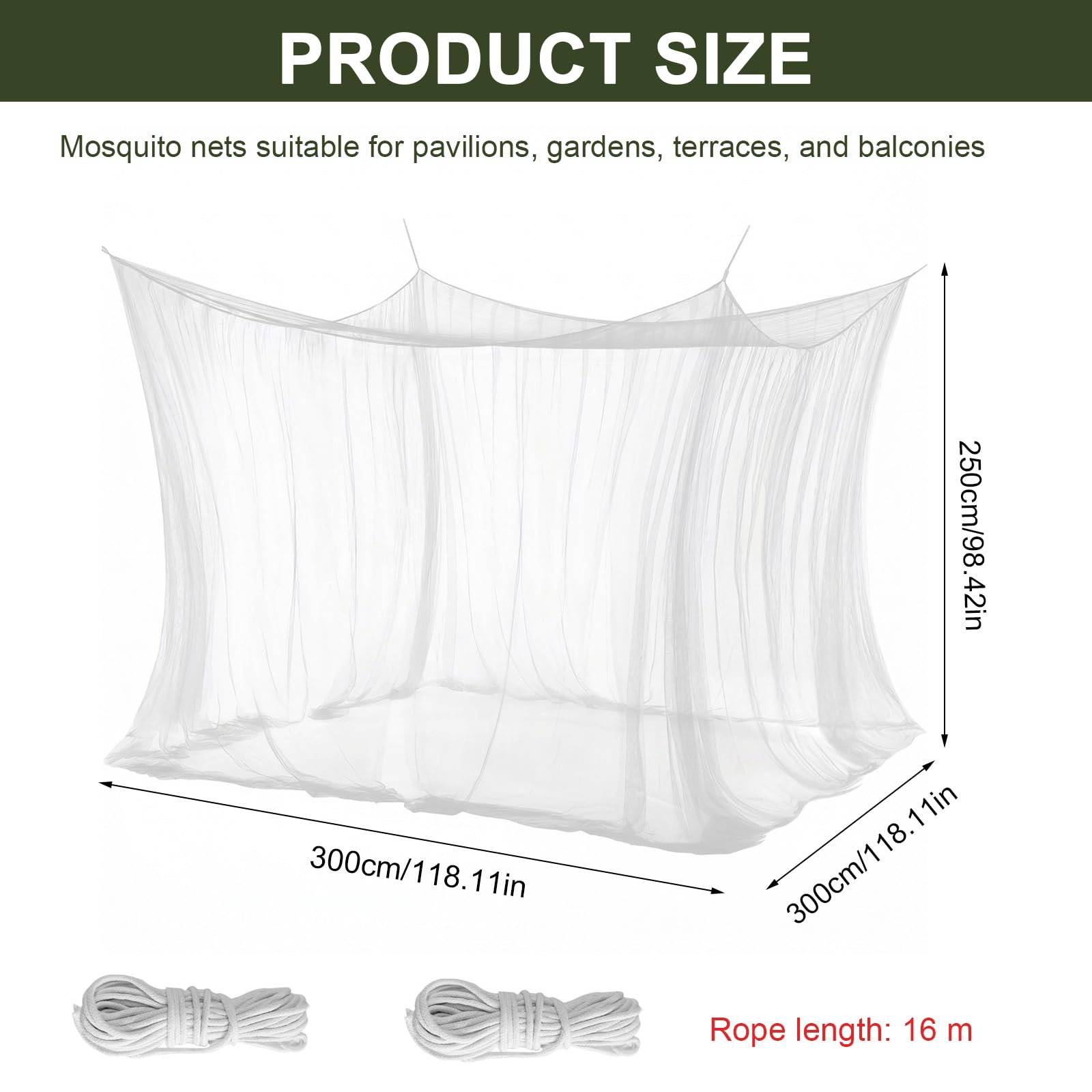 Mosquitera 300 x 300 x 250 cm – XXL mosquitera para exteriores, malla fina 220 con 1 puerta, red de protección contra insectos para cenador, jardín, terraza, balcón, camping y cama, color blanco