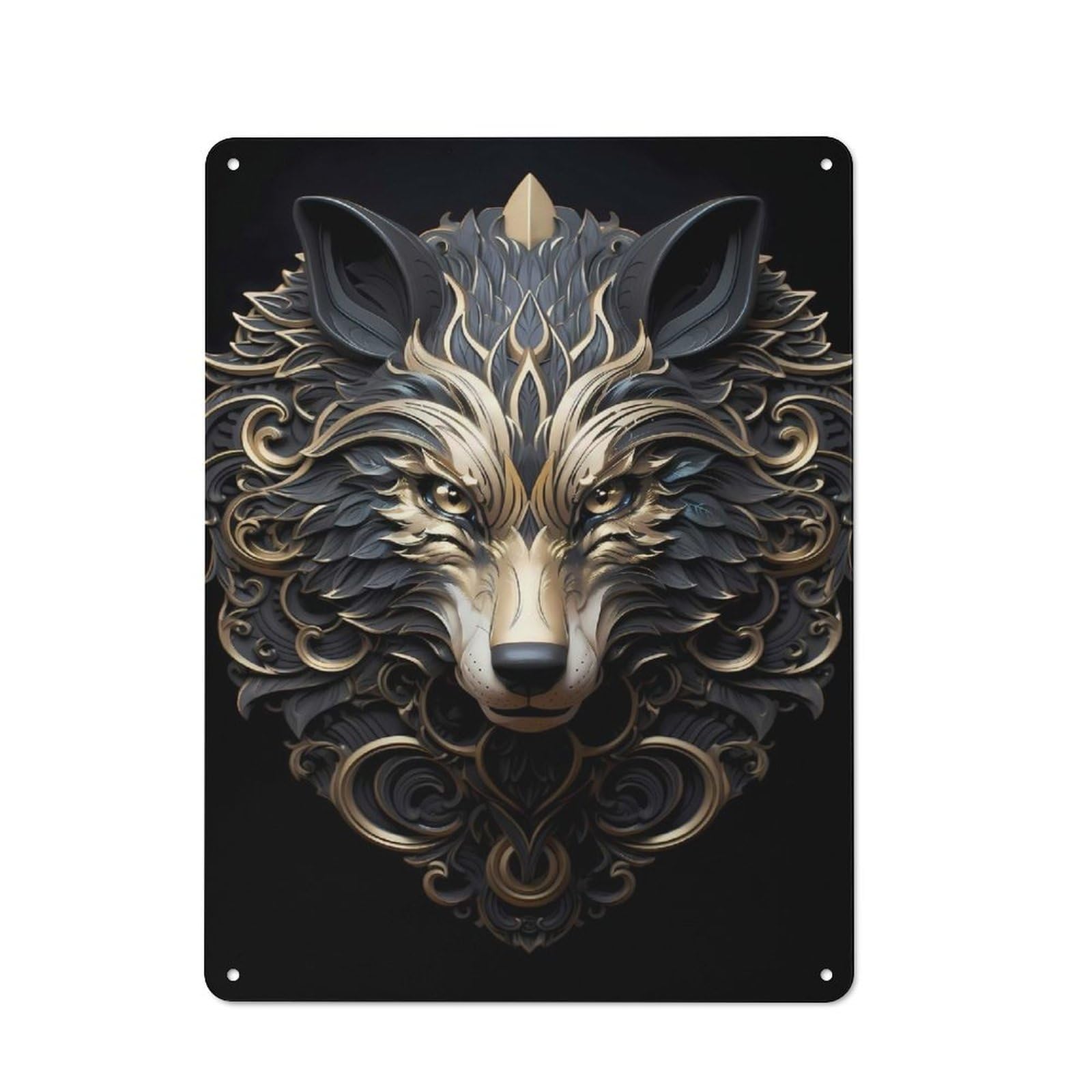 Junmoney Style-6 Wolf In Gold And Black Retro-Style Tin Wall Plaque 40X30cm For Café Or Home Bar, For Themed Interiors In Cafés And Home Bars