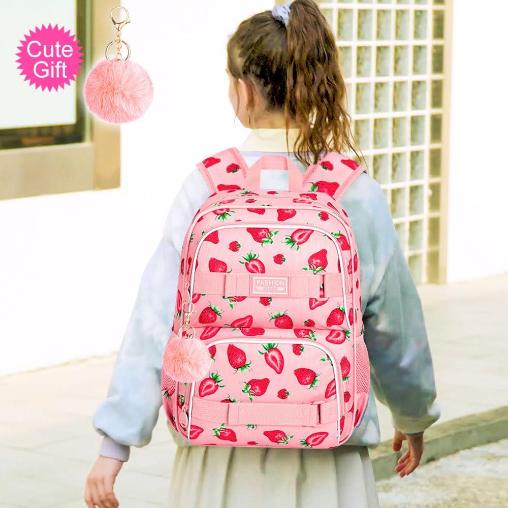 3Pcs Girls Backpack, 17 Inches Strawberry School Bookbag Set for Teens College Students, Laptop Backpacks with Lunch Box (Pink)