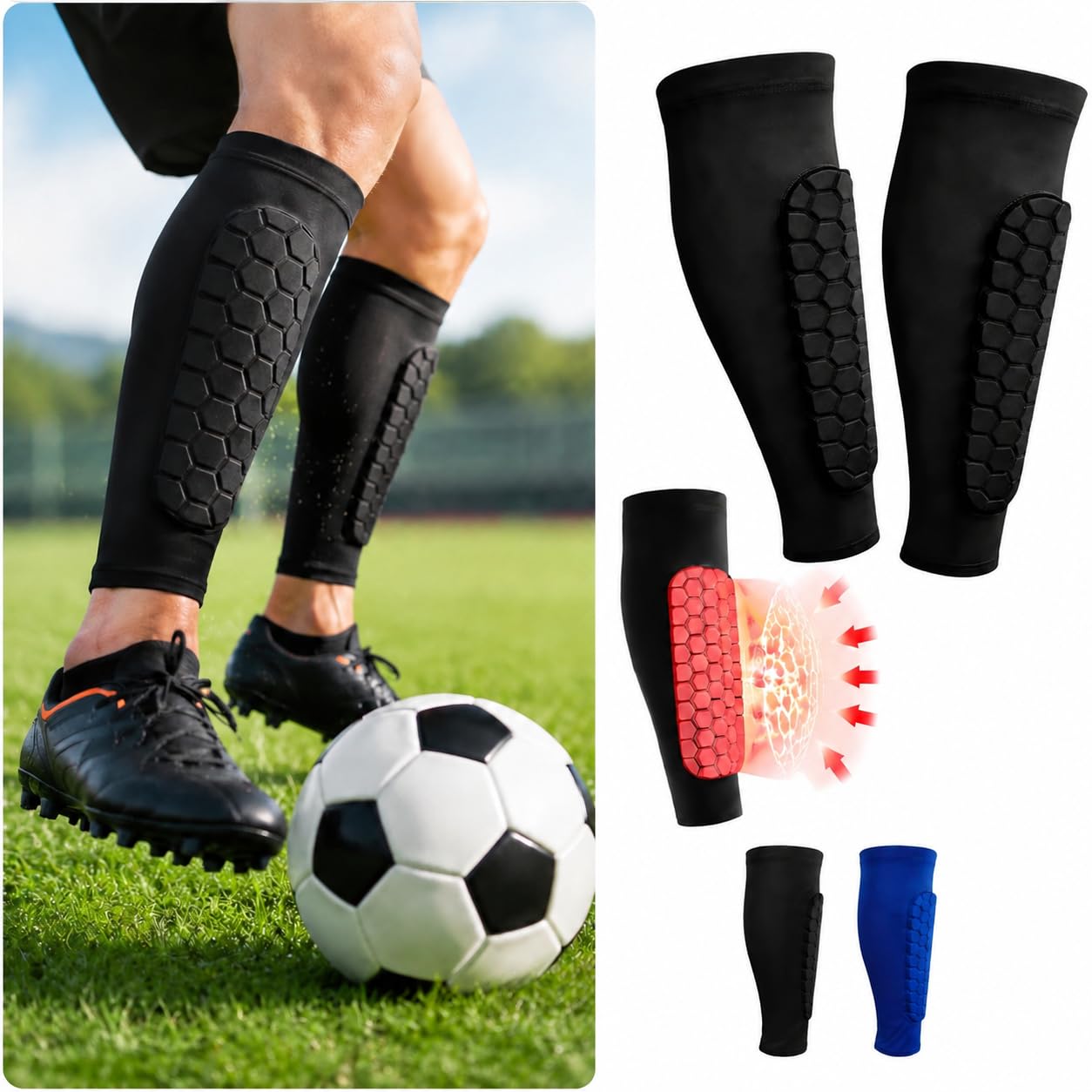 Football Shin Pads Guards for Boys Girls, Shin Guards for Defender Honeycomb Compression Sleeve for Superior Impact Absorption, Elastic Breathable Knit, Lightweight Comfortable Fit Soccer