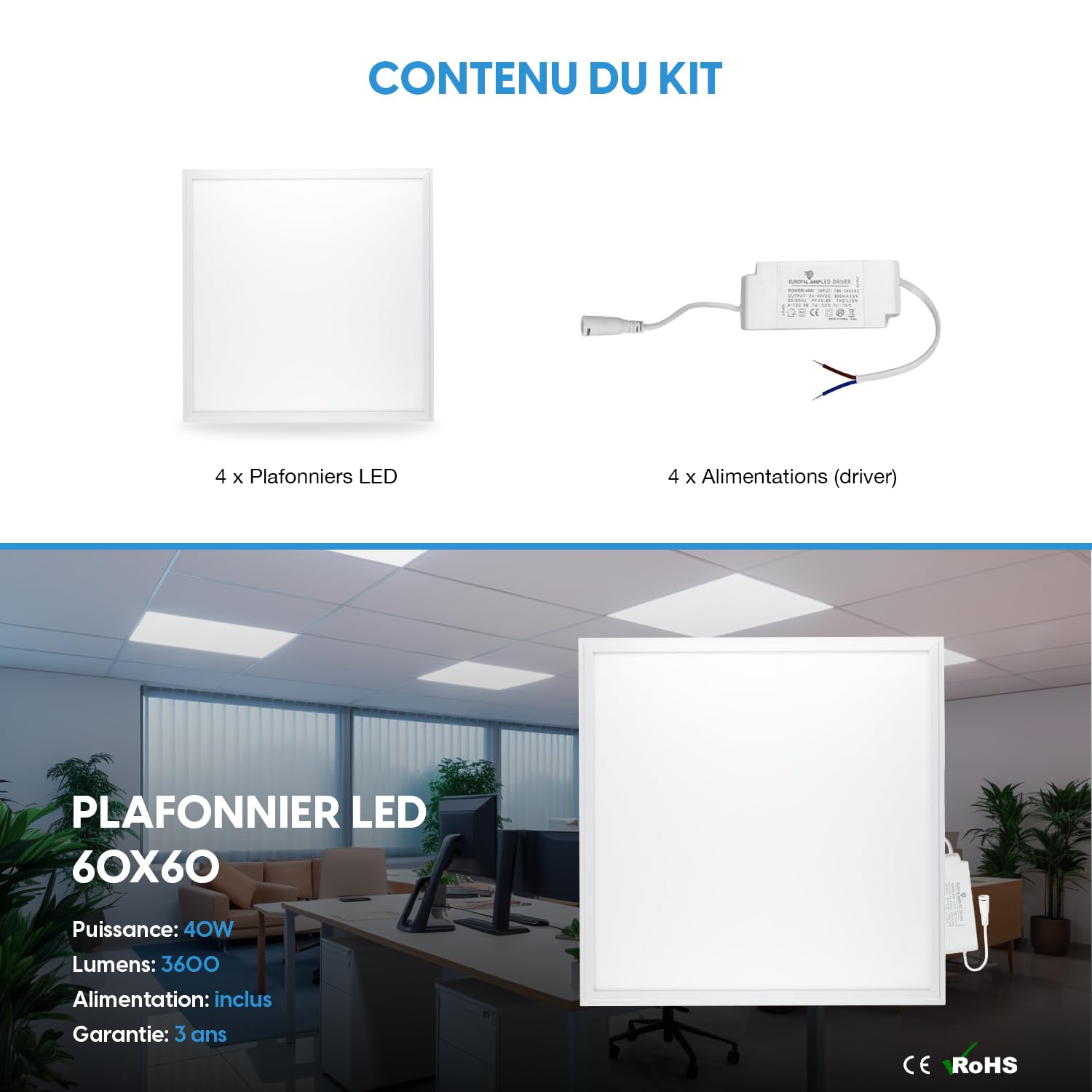 Europalamp - 4 Dalles LED PREMIUM Ultra Slim 600x600 40W Blanc Neutre 4000k