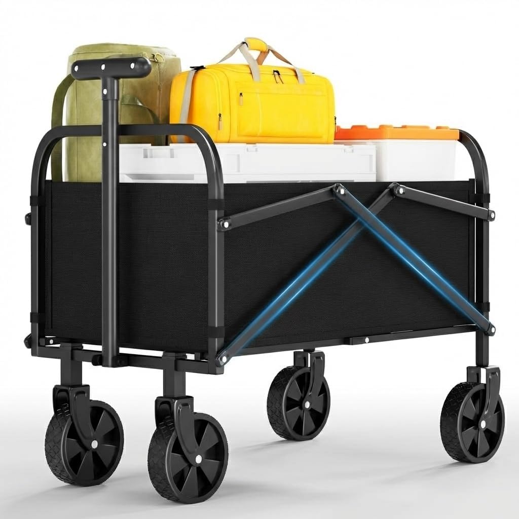 Wagons Carts Foldable, Heavy-Duty Collapsible Utility Wagon with All-Terrain Wheels, Adjustable Handle & Cup Holders, 240 Lbs Folding Garden Cart for Camping, Shopping, Beach, Black