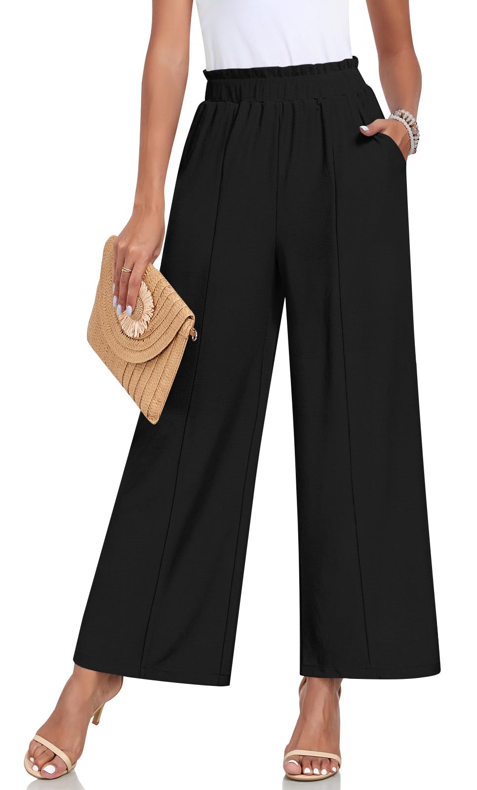 AnyallyWomens Loose Wide Leg Pants Business Casual Elastic Waisted Palazzo Harem Pants with Pockets Work Trousers