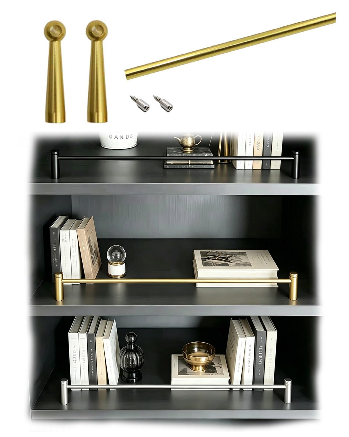 Zimgod Gold-B Aluminum Gallery Rail Kit For Bookshelves/Furniture/Cabinet, Shelf Edge Tipping Guardrail Rod, Decorative Shelving Fence With Spindles & Hardware(,52In/132Cm)