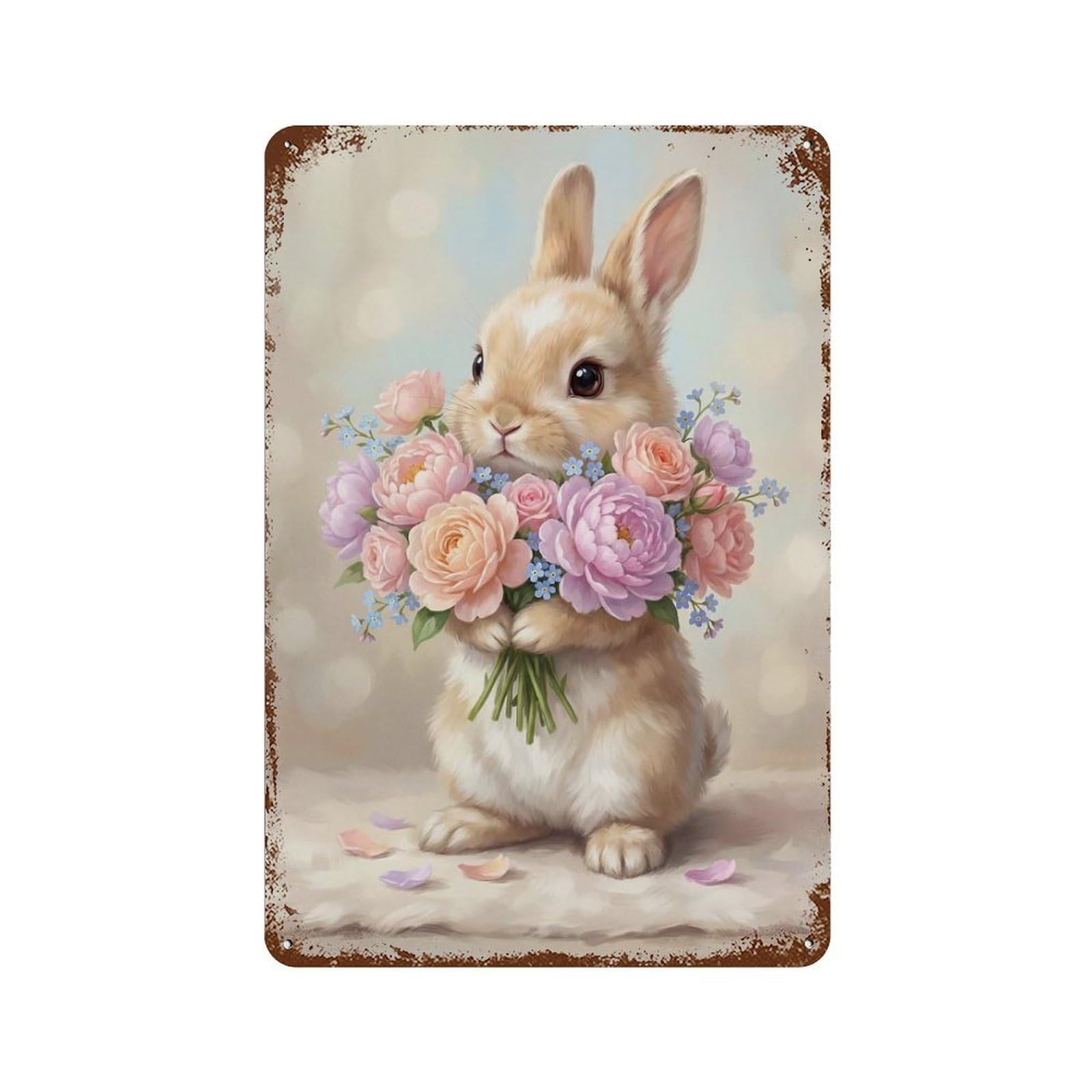Cute Bunny with Flowers Rust Effect Tin Sign 11.8"x7.9", Rustic Home Decor for Cafe, Home Bar And Lounge Decor