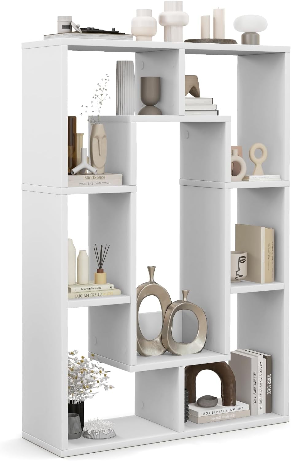 Bookshelf, 35.5’’ Bookcase with 7 Cubes, Geometric Display Shelf, Wood Bookshelves & Bookcases, Small Bookshelf with Storage, Book Shelves for Bedroom, Living Room, Home Office (White)