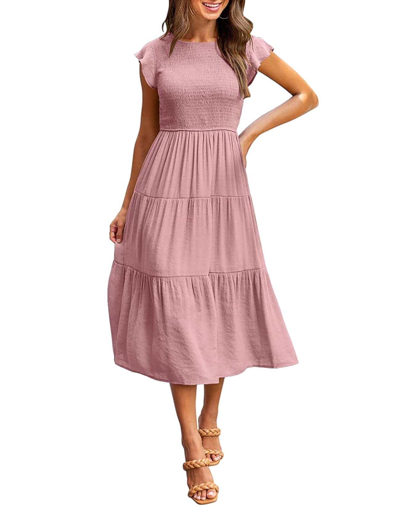 Zhyaj Dressy Smocked Elastic Waist A-Line Dress Summer Flowy Midi Dress Round Neck Short Sleeve Tiered Midi Dress