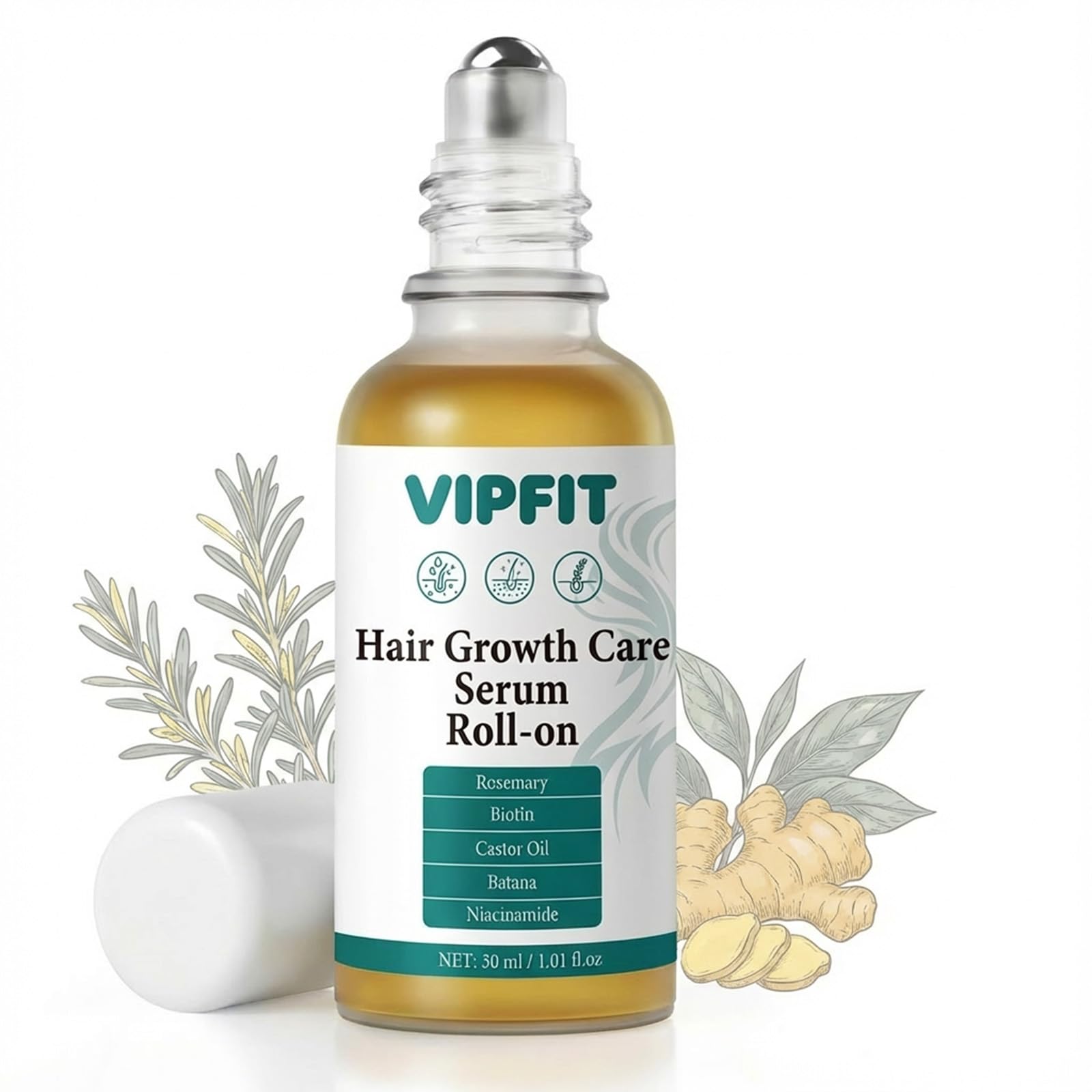 Hair Growth Care Serum Roll-On with Rosemary, Niacinamide, Amino Acids, Ginger, Biotin, Castor Oil, Batana & Caffeine, Nourishes Scalp for Thicker-Looking, Healthy Glow Hair, 30ml 1