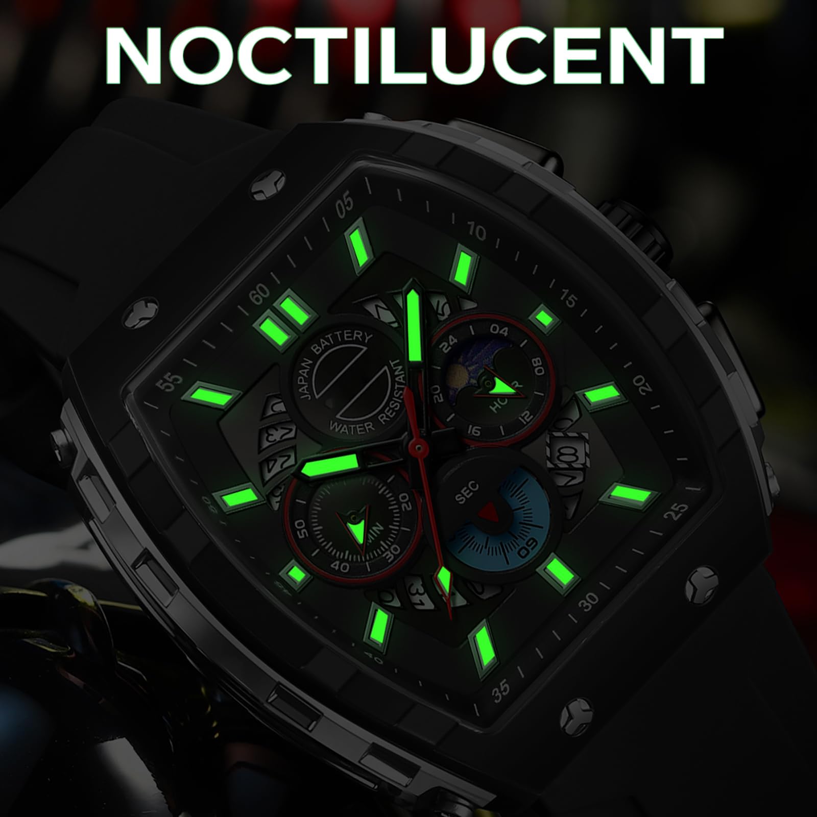 findtime Grande Écran Montre Rectangulaire Homme Militaire Tactique de Sport Analogique à Quartz Grand Cadran 5ATM, Alarme Rétroéclairage Montre Étanche Bracelet Respirant et Confortable