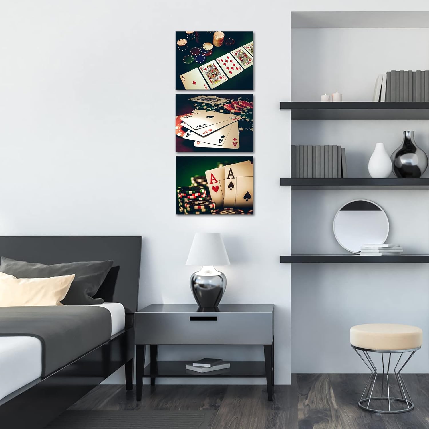KLVOS 3 Panel Vintage Canvas Wall Art Poker Cards with Chips Picture Painting Posters Print on Canvas Modern Playing Cards Office Wall Decor for Pub Club Bar Casino Wall Decoration