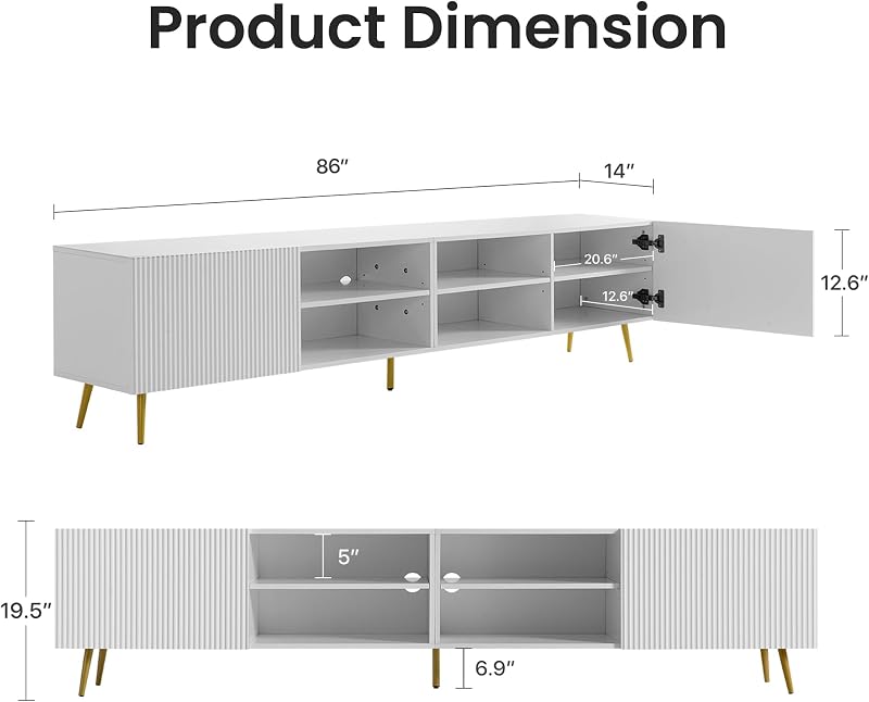 RISAR 86" Modern TV Stand,Media TV Console Table for TVs up to 80 in White image 5