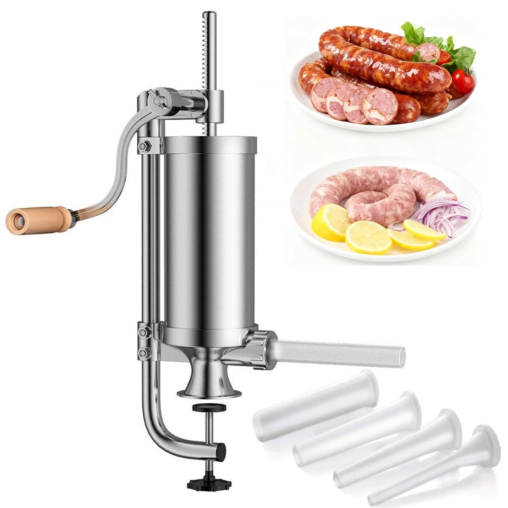 Manuell Wurstfüller, Wurstfüllmaschine Edelstahl - 2,5LBS Wurstfüller Vielseitig für Würste, Fleischwölfe, Käse - Sausage Stuffer mit 4 Füllrohren & Saugfuß für Haushalt, Metzgerei & Gewerbe