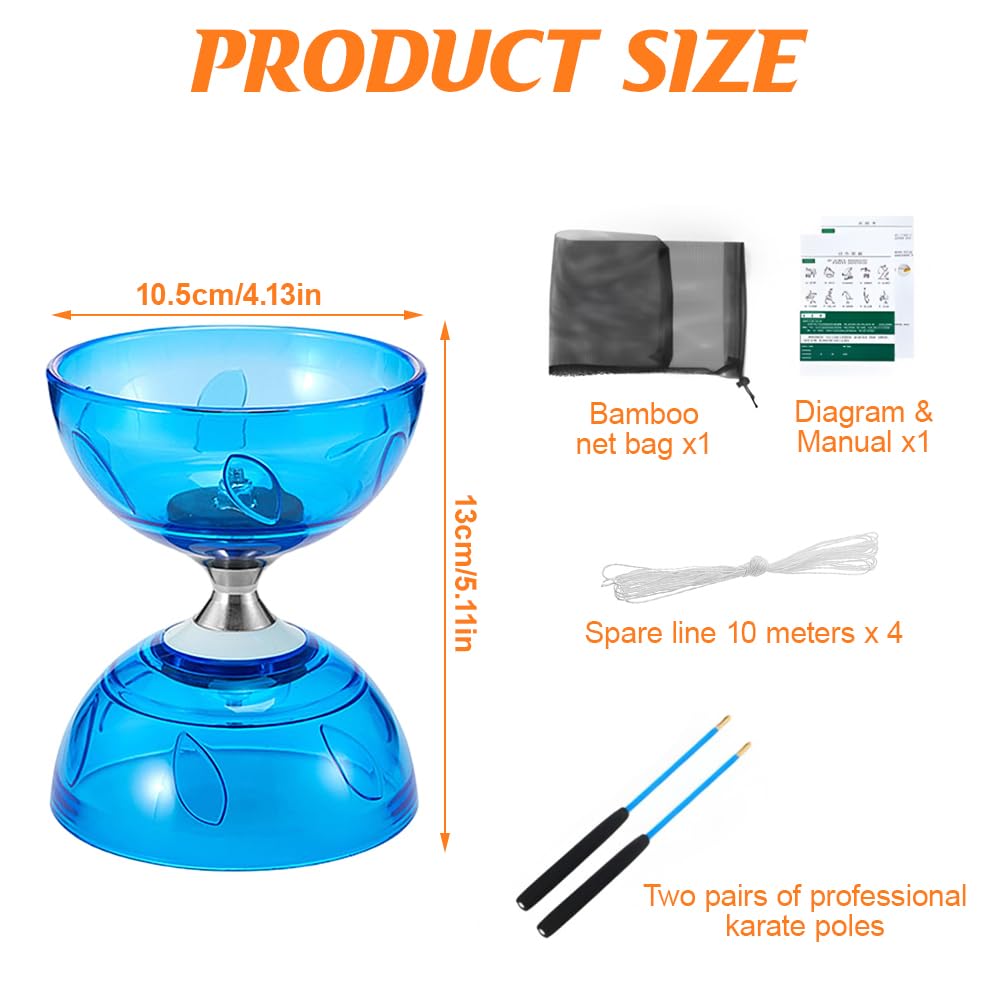 Diabolo, LED Diabolo Roulement à Billes, Kit de Jonglerie Triple Roulement avec 2 Paires de Baguettes à Main + 4 Kits de Cordes de Rechange, pour Débutants Professionnels, Bleu