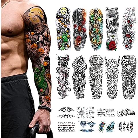18 Sheets Temporary Tattoos, CAYUDEN Waterproof Black & Colorful 10 Sheet Full Arm Temporary Tattoo Stickers + 8 Sheet Half Arm Fake Tattoos Sleeves Men Woman with Wolves Dragon Rose Gun Tattoo Kit Cover