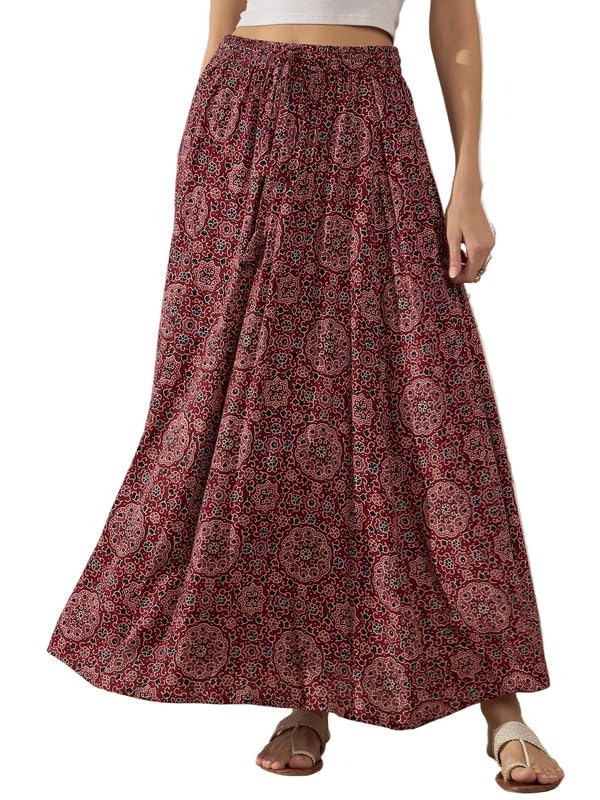 Maroon Navy Ajrakh Fr Skirt_(Free Size)-image-0