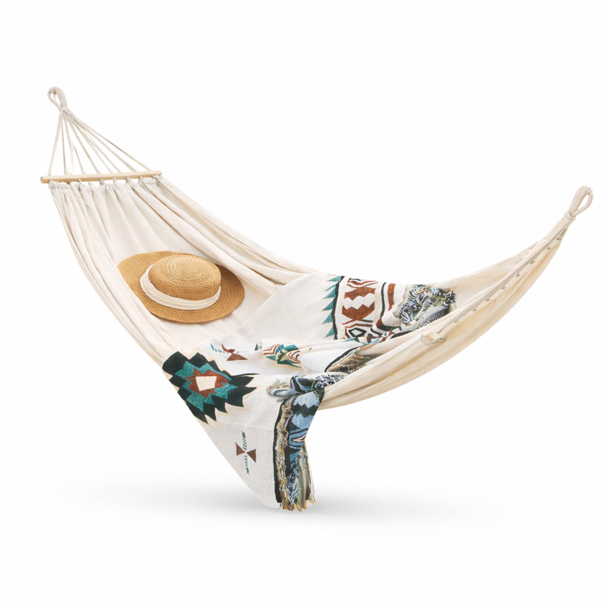 Hamaca Jardín 270x80 cm con Madera Beige - PINCHO - Hamaca Colgante Exterior para Terraza, Camping y Playa, Barras Separadoras de Madera, Cuerdas Trenzadas, Estilo Natural