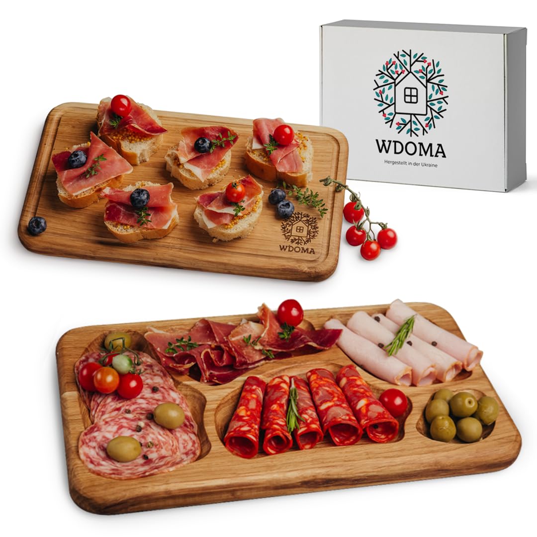 Juego de 2 tablas de desayuno de madera de roble, para servir aperitivos con compartimentos, tabla para aperitivos de madera, para servir desayuno, pan de noche, plato para servir