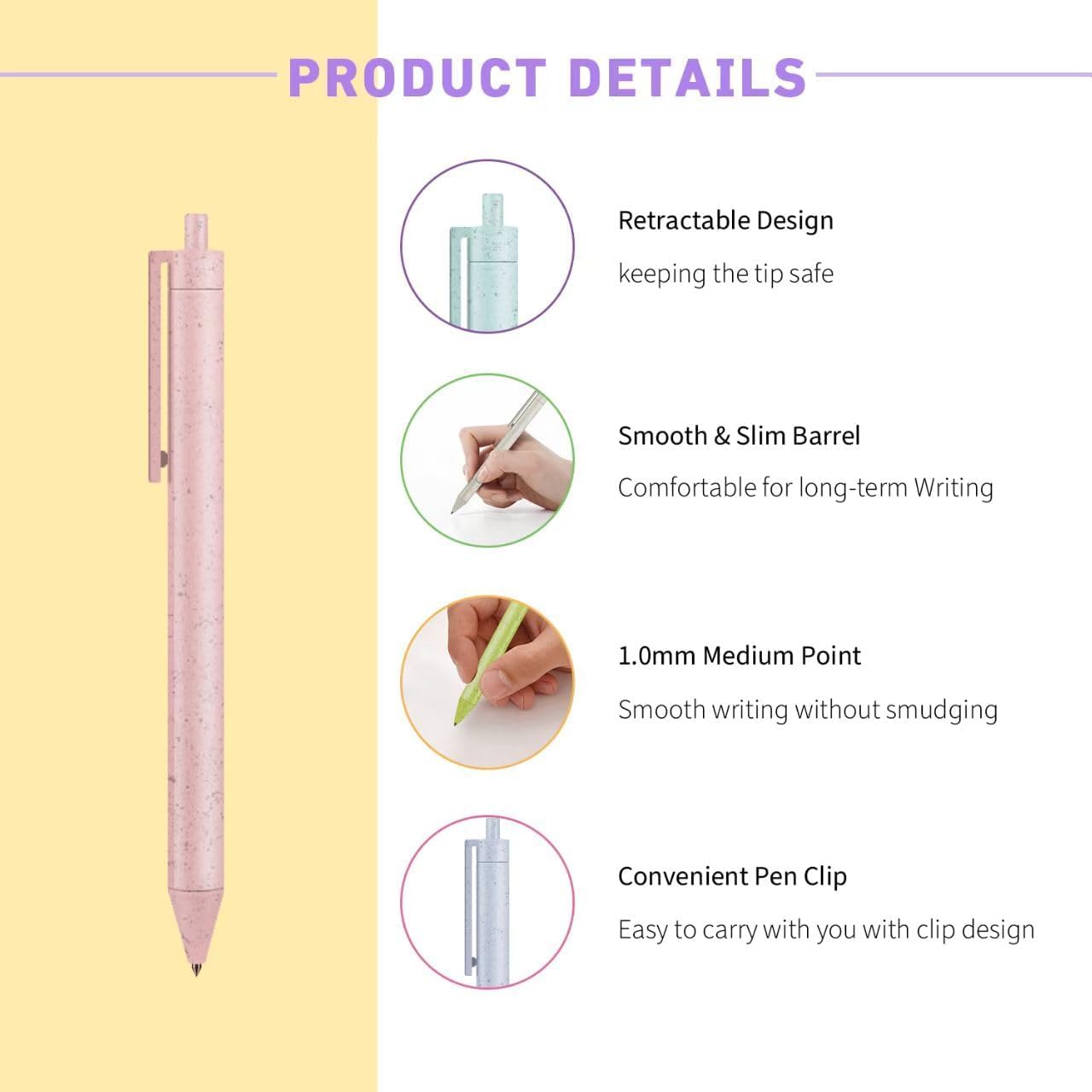 Ultimate | 12 Pack Ball Point Pens, Eco-Friendly Wheat Straw Cute Macaron Retractable Ballpoint Pen Set| Black Medium Point 1.0mm, Portable, Comfortable Writing | Office Bible Journaling Pens 2026 - view 3