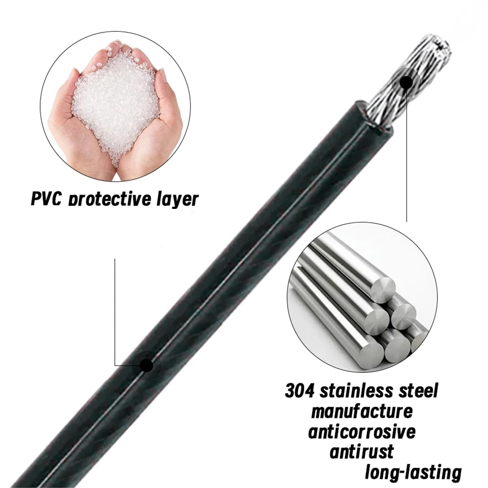 Alambre De Acero Plastificado Cable de acero inoxidable 304 recubierto PVC negro, cable flexible blando