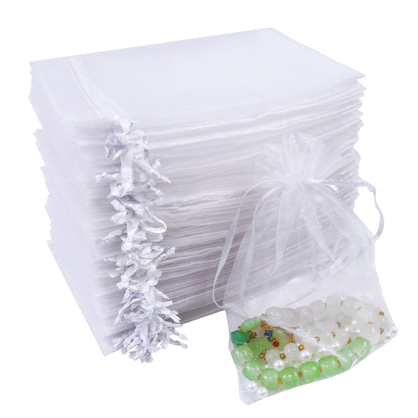 Quelcc 100 szt. białych torebek ze sznurkiem z organzy, 10 x 15 cm, torebki na prezenty z organzy, torebki na biżuterię, torebki z siatki na cukierki, prezenty ślubne, Boże Narodzenie, urodziny