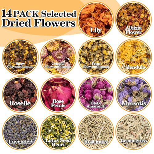 Image of Sukh Dried Herbs Kit - Dried Botanicals Bulk,14 Bags Natural Dry Flowers and Herbs for Soap,Candle,Perfume,Bath Bombs,Resin Jewelry Making Supplies,Fragrance Sachet DIY and Witchcraft