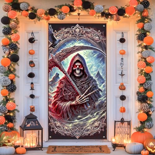 Image of BlissYard Door Cover Grim Reaper 35x71 Inch Polyester | Door Banner, Wall Decor | Grim Reaper Entry Accent, Gothic Scene Backdrop | Porch, Hallway, Party (Gothic Art)