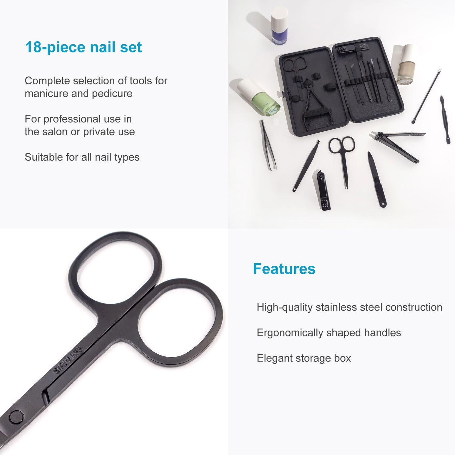 Intirilife 18-częściowy zestaw do manicure ze stali nierdzewnej w kolorze czarnym z etui do przechowywania -narzędzie do pielęgnacji paznokci obcinacz do paznokci nożyczki pilnik pęseta i wiele więcej