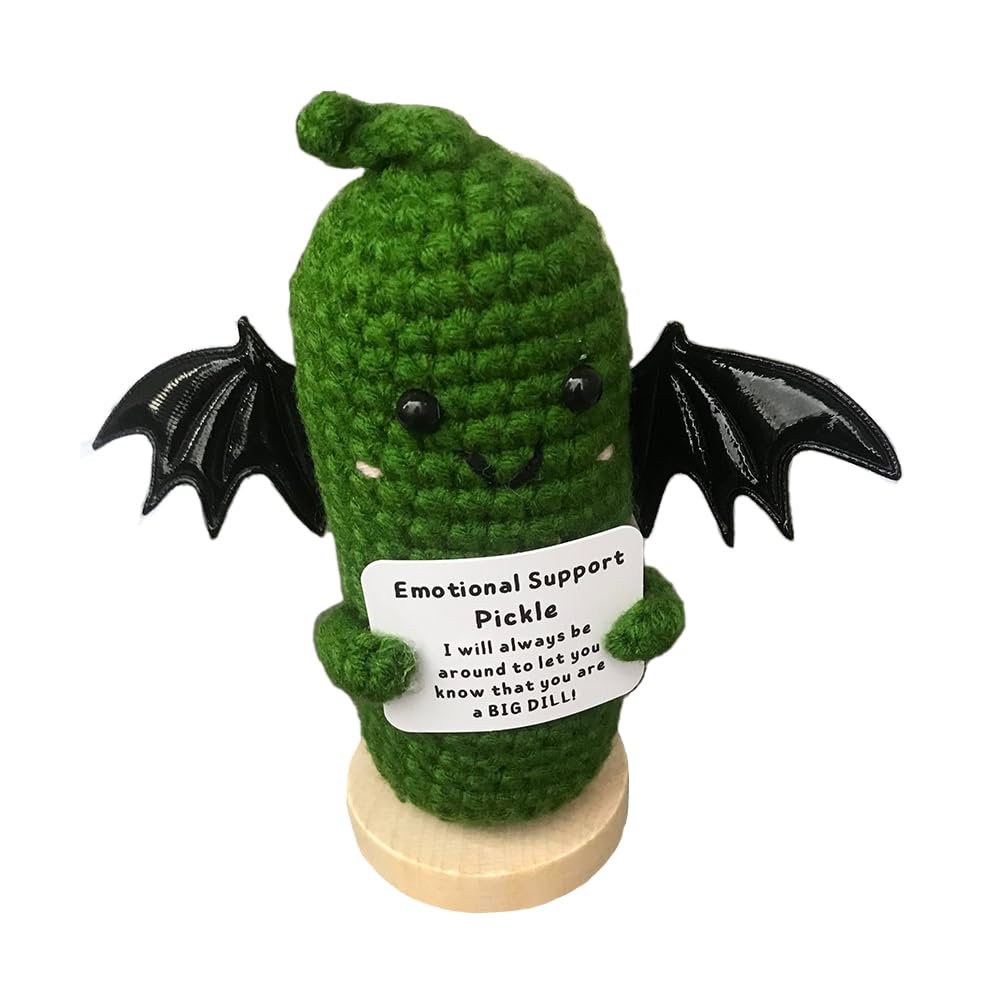 Fxkoolr Handmade Emotional Support Pickle Cucumber Gifts with Devil Bat Wings Wooden Base - Cute Funny Reduce Pressure Pickle Mini Motivational Comfort Stuff Gifts for Halloween Home Decor