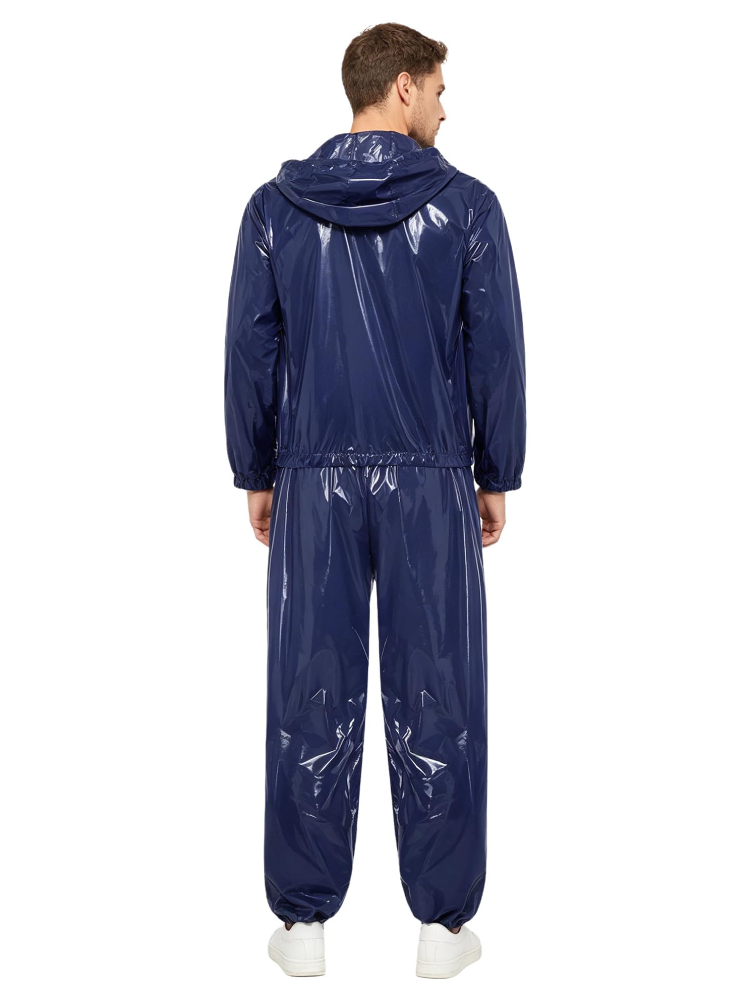Agoky Herren Metallic Trainingsanzug Lack Leder Sportanzug Jogginganzug Langarm Sweatshirt mit Kapuze Reißverschluss + Sport Hose Jogger Pants Clubwear