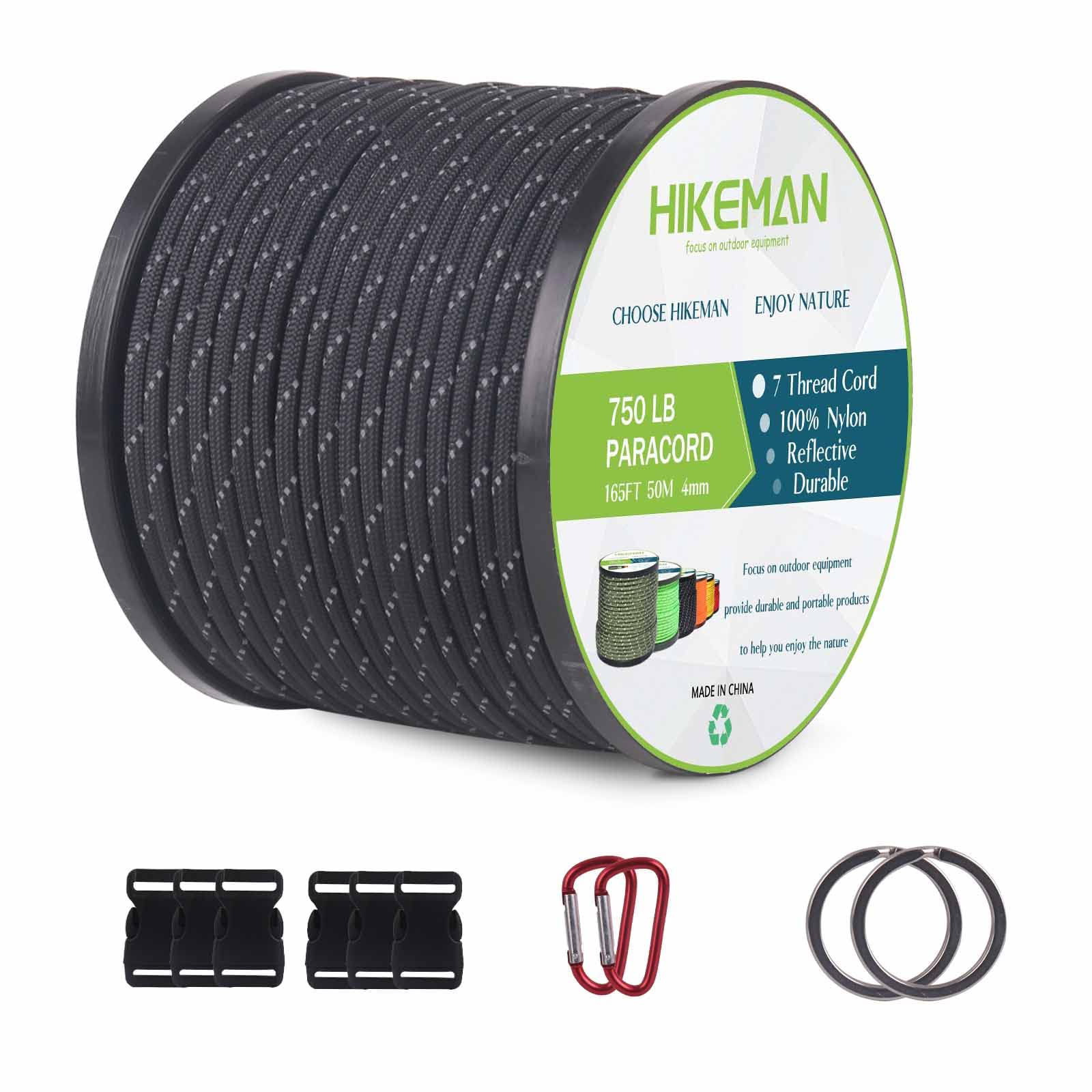750lb Nylon Paracord Rope - 4mm Reflective 165ft Parachute Cord with Spool Utility Cordage Rope for Camping Hiking Survival Bracelets and Lanyards (Black)