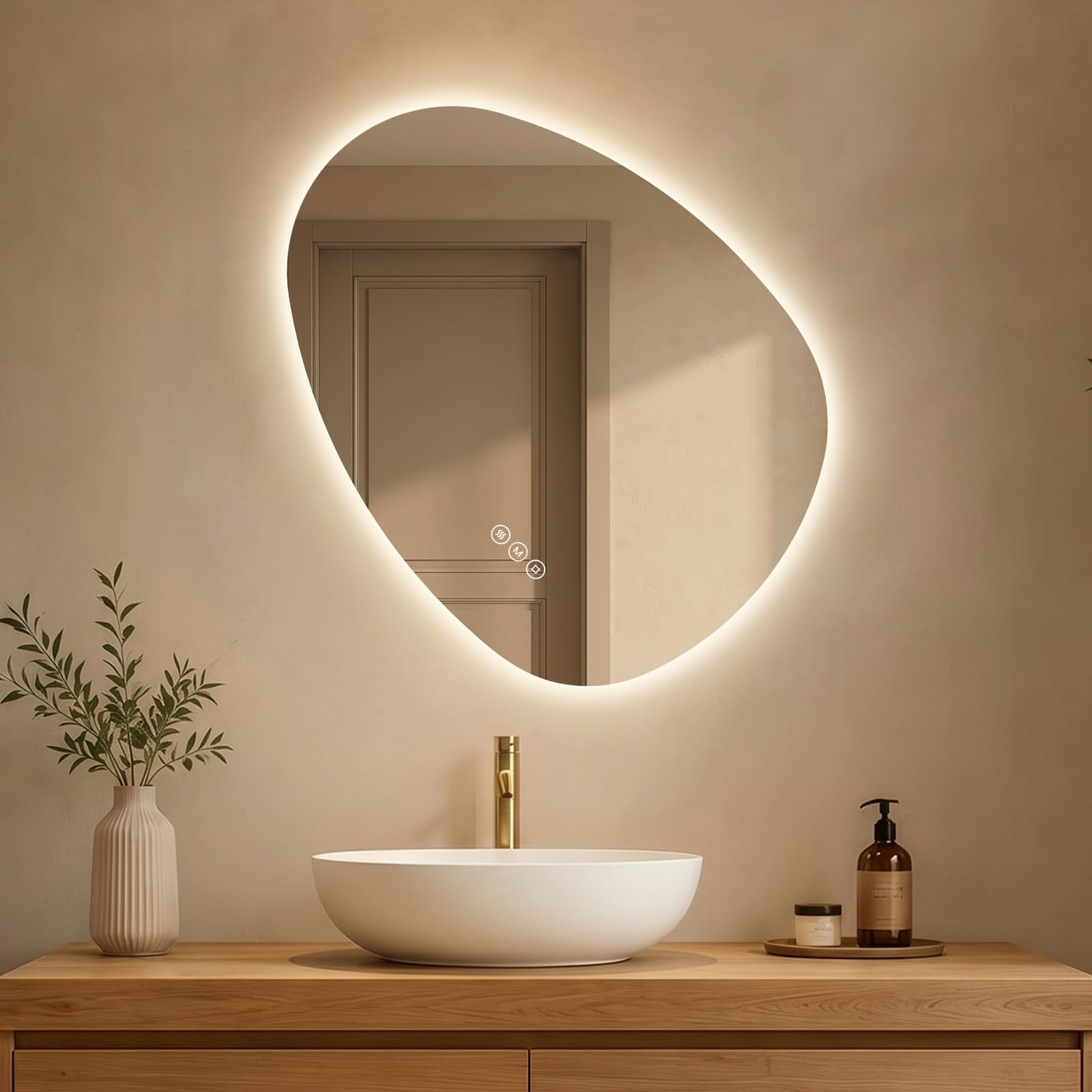 S'AFIELINA Espejo Baño con Luz LED Asimétrico e Irregular 60x45 cm | Espejos de Baño con LED Retroiluminado, Antivaho, Botón Táctil, Regulable, 3 Tonos de Luz, Montaje Horizontal o Vertical