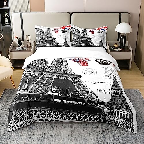 Homemissing Tour Eiffel Housse de Couette 140x200cm 100% Coton Vintage Paris Parure de Lit Enfants Garçons Filles Paris Literie Set Valentine Ensemble de...