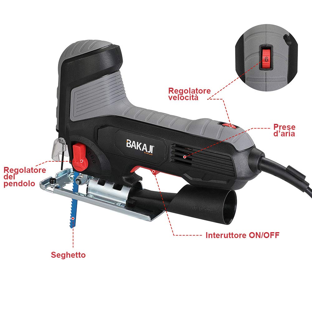 Bakaji Seghetto Elettrico Alternativo Pendolare 600W Velocità Regolabile 800-3000rpm con Inclinazione Lama in 3 Posizioni Lama 10cm Guida Righello e Adattatore Aspiratore Inclusi