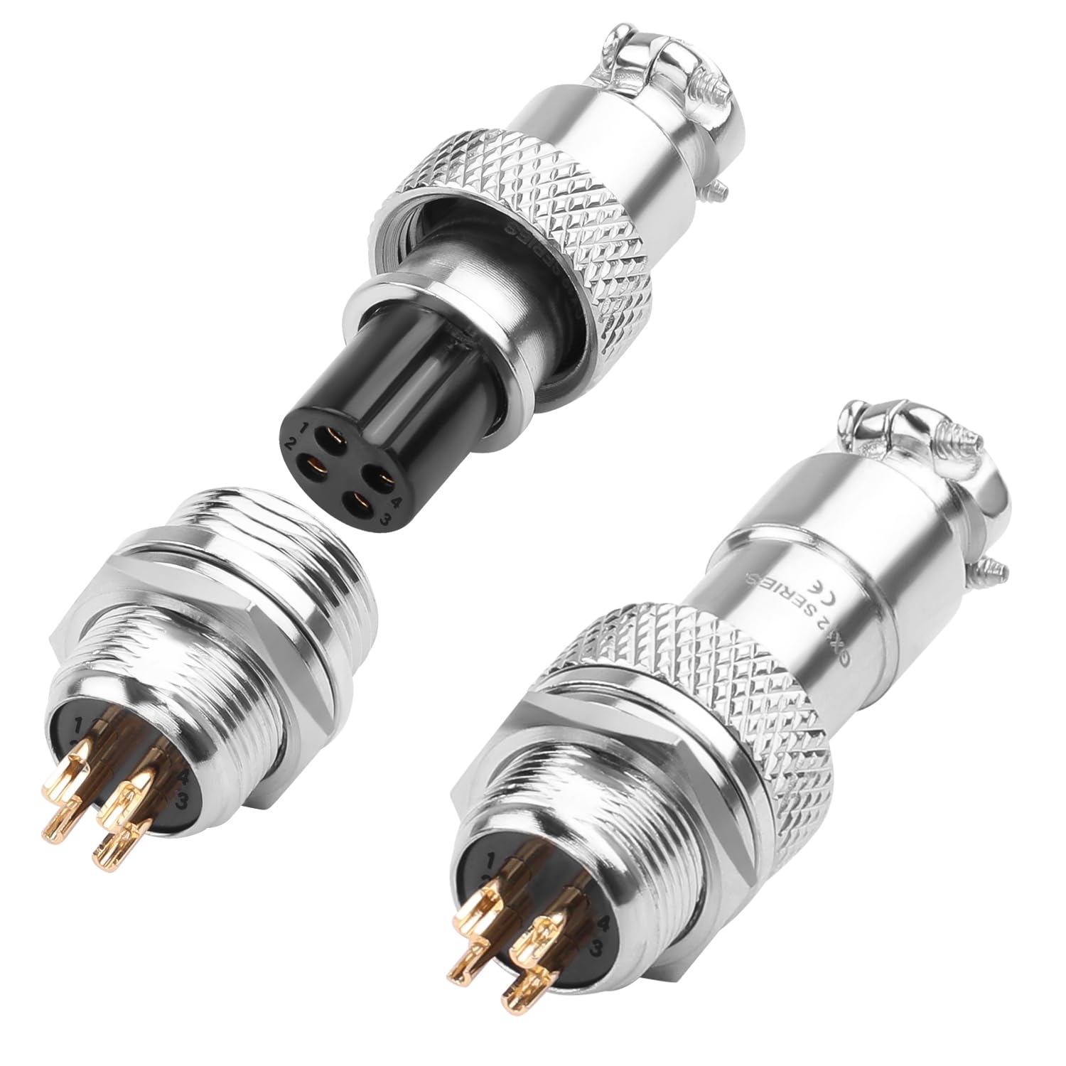 QIANRENON Gold Plated GX12 4 Pole Aviation Plug Solder Adapter GX12 4Pin Male Bulkhead Mount Aviation Plug GX12 4Pin Airline Connector Socket M12, 400V/5A, for Electrical Electronic Signal, 2Pcs