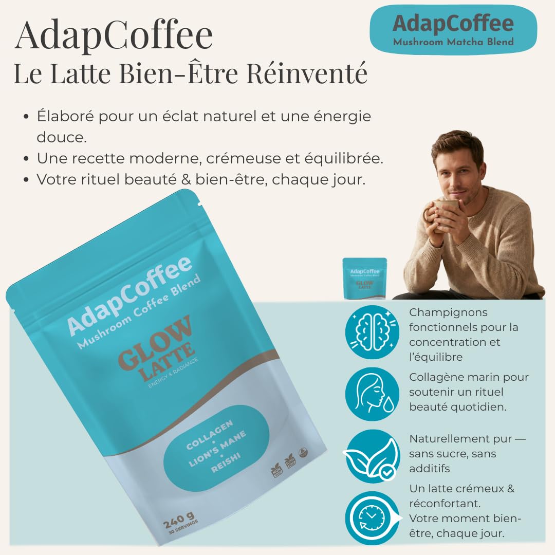 Glow Latte – Café Latte Instantané aux champignons adaptogènes & Collagène Marin - Lion’s Mane & Reishi – Focus, Vitalité & Bien-être - Crémeux & Gourmand - Sans Sucre Ajouté – 30 Tasses – ADAPCOFFEE