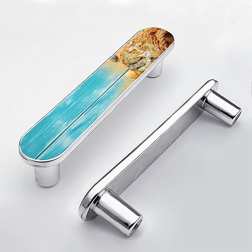 Miniatura 7 de Paquete de 4 tiradores de madera de conchas marinas, color azul arena, centro de agujeros de 3.75 pulgadas, manijas de gabinete blancas, tiradores