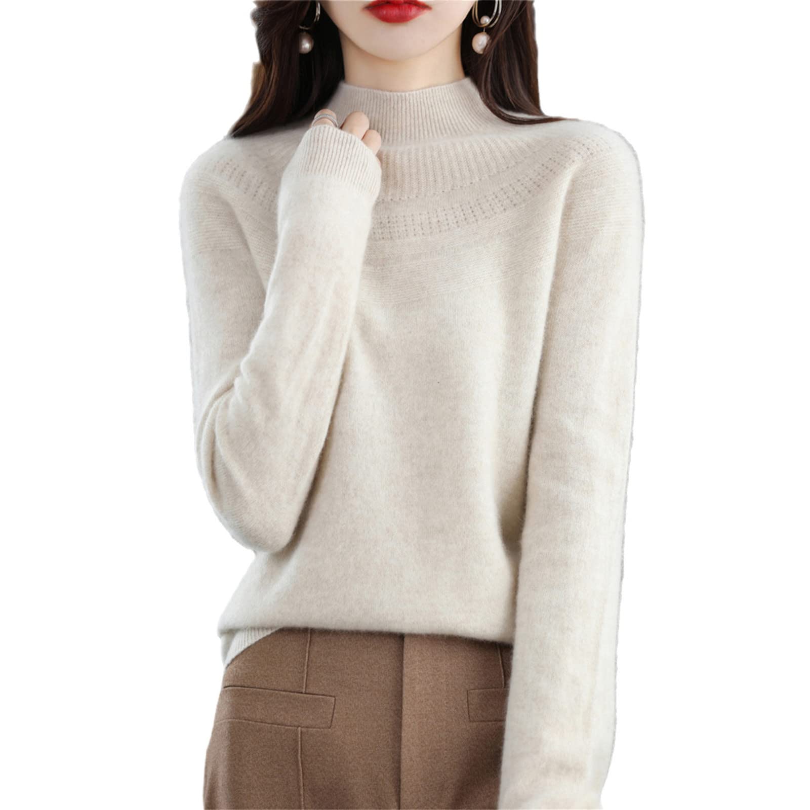 Kelsiop Suéter de cachemira sin costuras para mujer, suéter de lana con cuello alto para otoño e invierno, suéter de lana