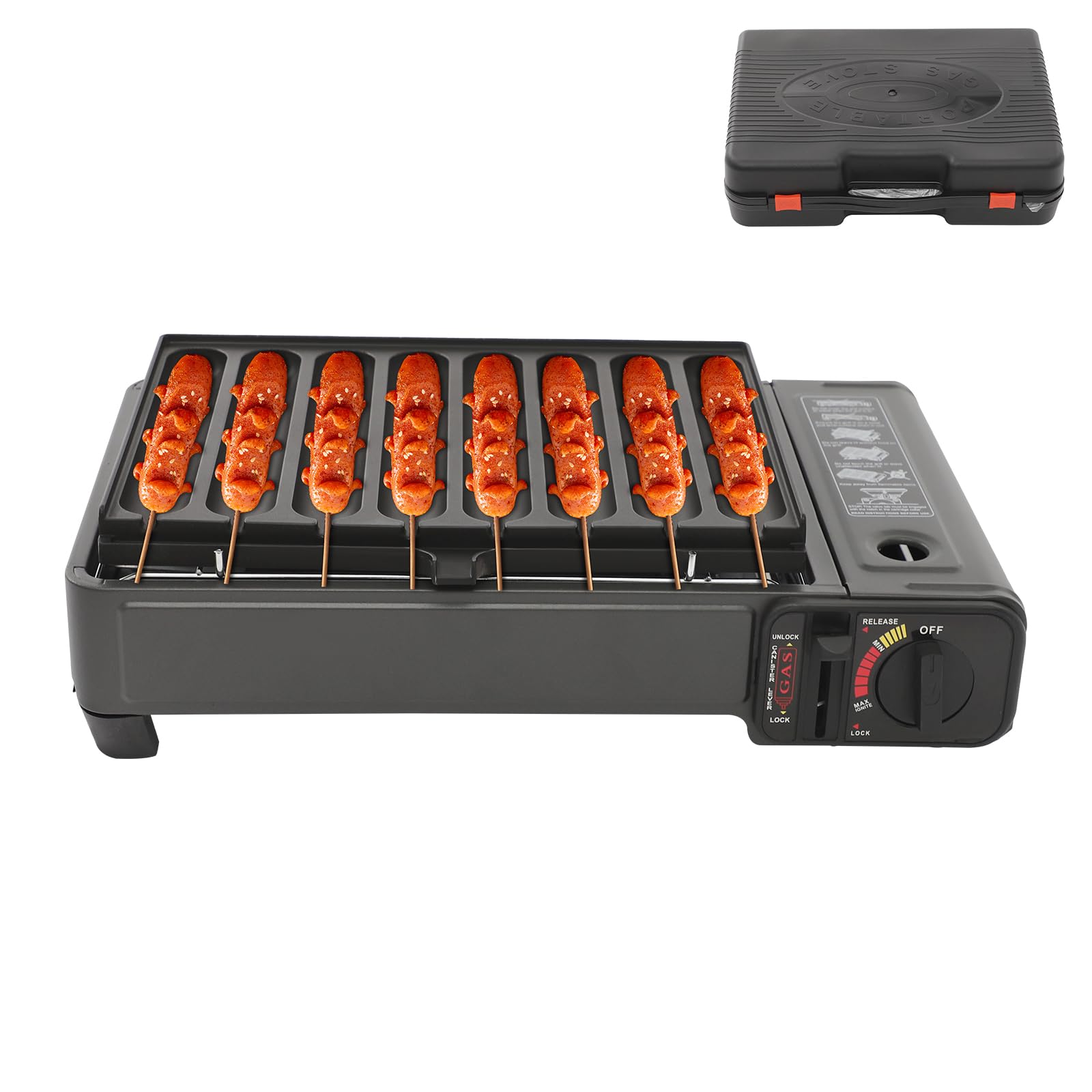 Tragbarer Gasgrill Camping, mit Würstchen-Grillplatte und Tragetasche, 2200W Campingkocher 42x26x11cm, Abnehmbare Fettauffangschale, für Balkon, Garten BBQ (Schwarz)