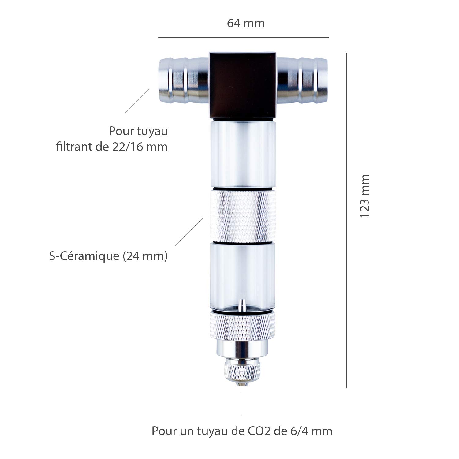 Q-Grow Diffuseur intégré de CO2 à réacteur externe - 22/16 mm Acier inoxydable