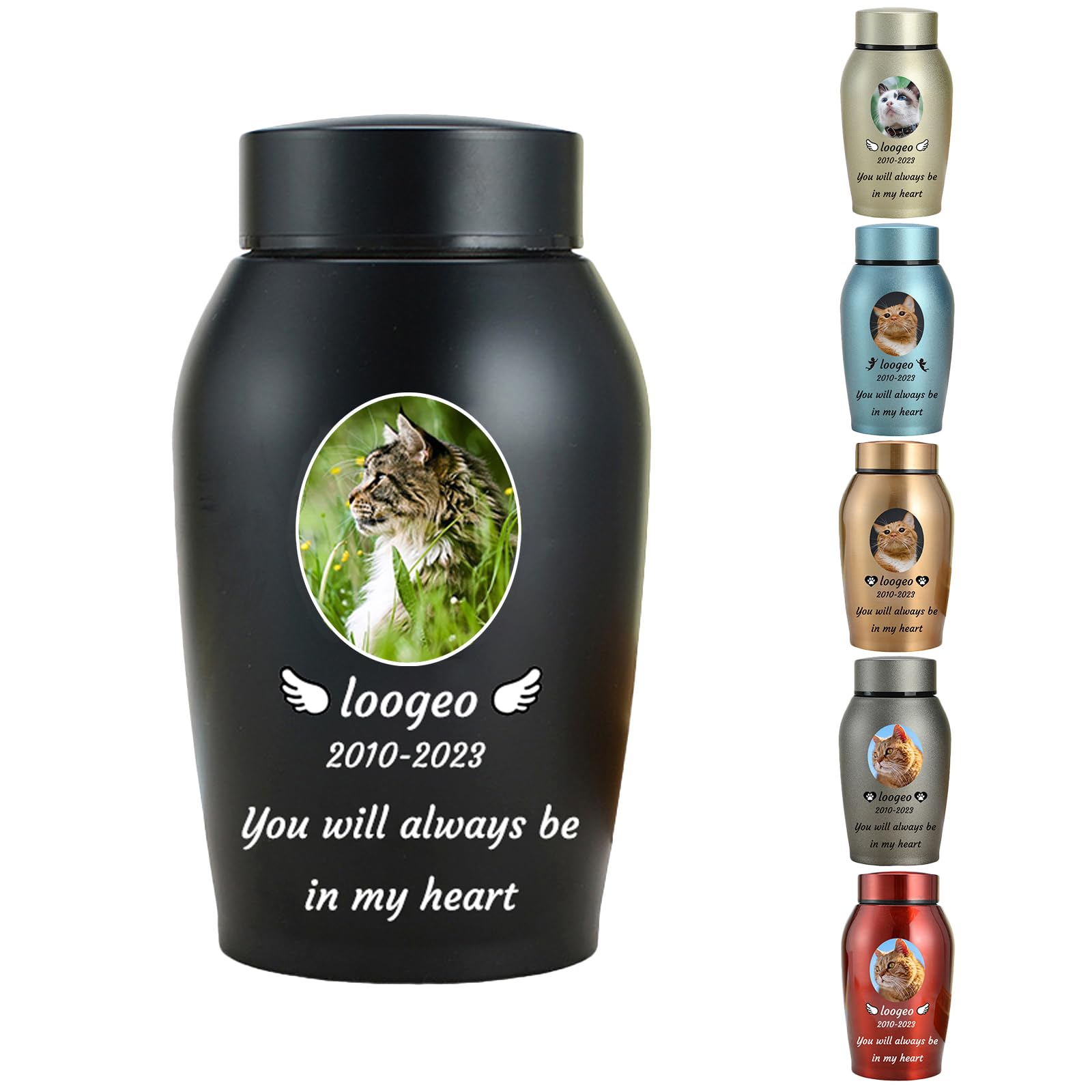 Haustier Urnen für Katzen Asche personalisiert, Katze Urnen für Asche anpassbar, Edelstahl Katze Einäscherung Urnen Katze Memorial Keepsake Urnen,Schwarz