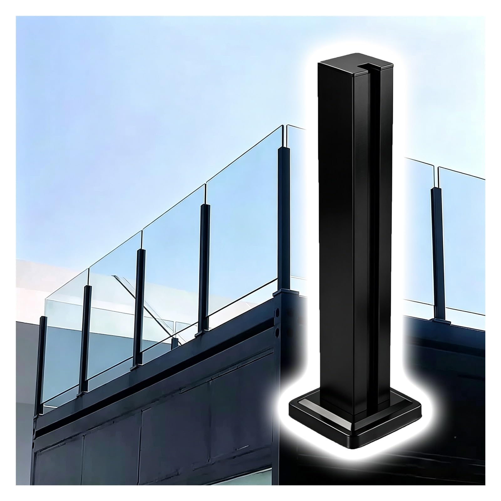 ZJKXJH Stainless Steel Glass Slot Post, Deck Balustrade Post Fits 10–12 mm Glass, Corner Slot Balcony Deck Railing Post for Balcony/Patio Fence(End Post-Black,H-115cm/45.3in)