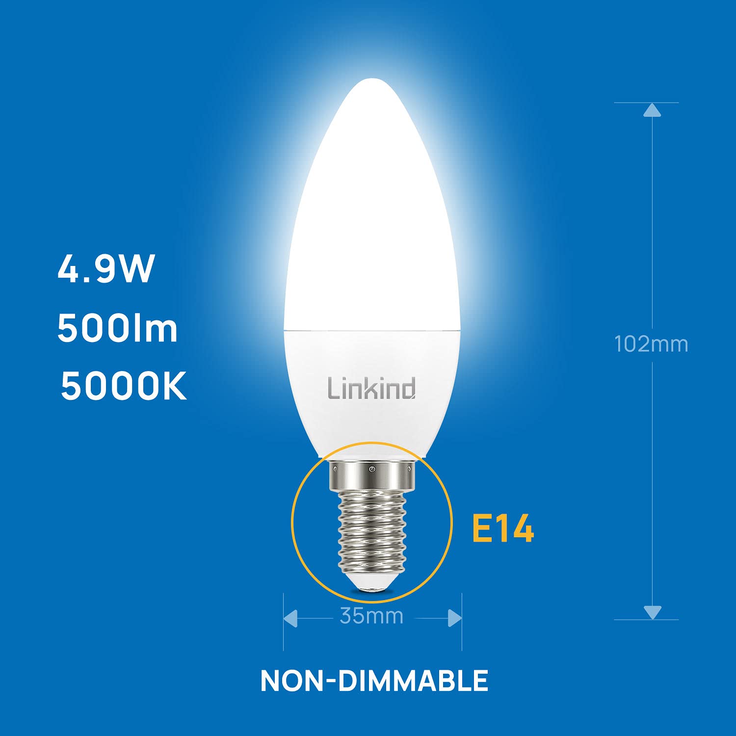 Linkind Lampadine LED E14 B35/C35 Candela, 4,9 W(Equivalenti a 40 W), Luce Bianca Fredda 5000K, 500 Lumen, Certificazione CE/RoHS/ErP, Non Dimmerabile, Pacco da 6