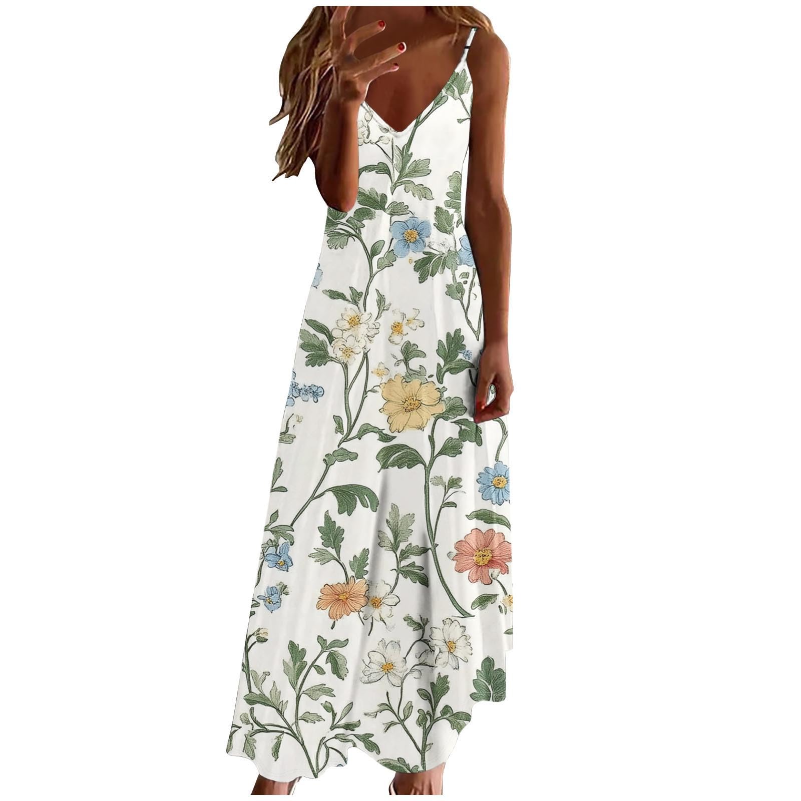 Summer Dresses for Women 2025 Beach Vacation Sexy Spaghetti Strap v Neck Sun Dress Flowy Maxi Long Sundresses Trendy