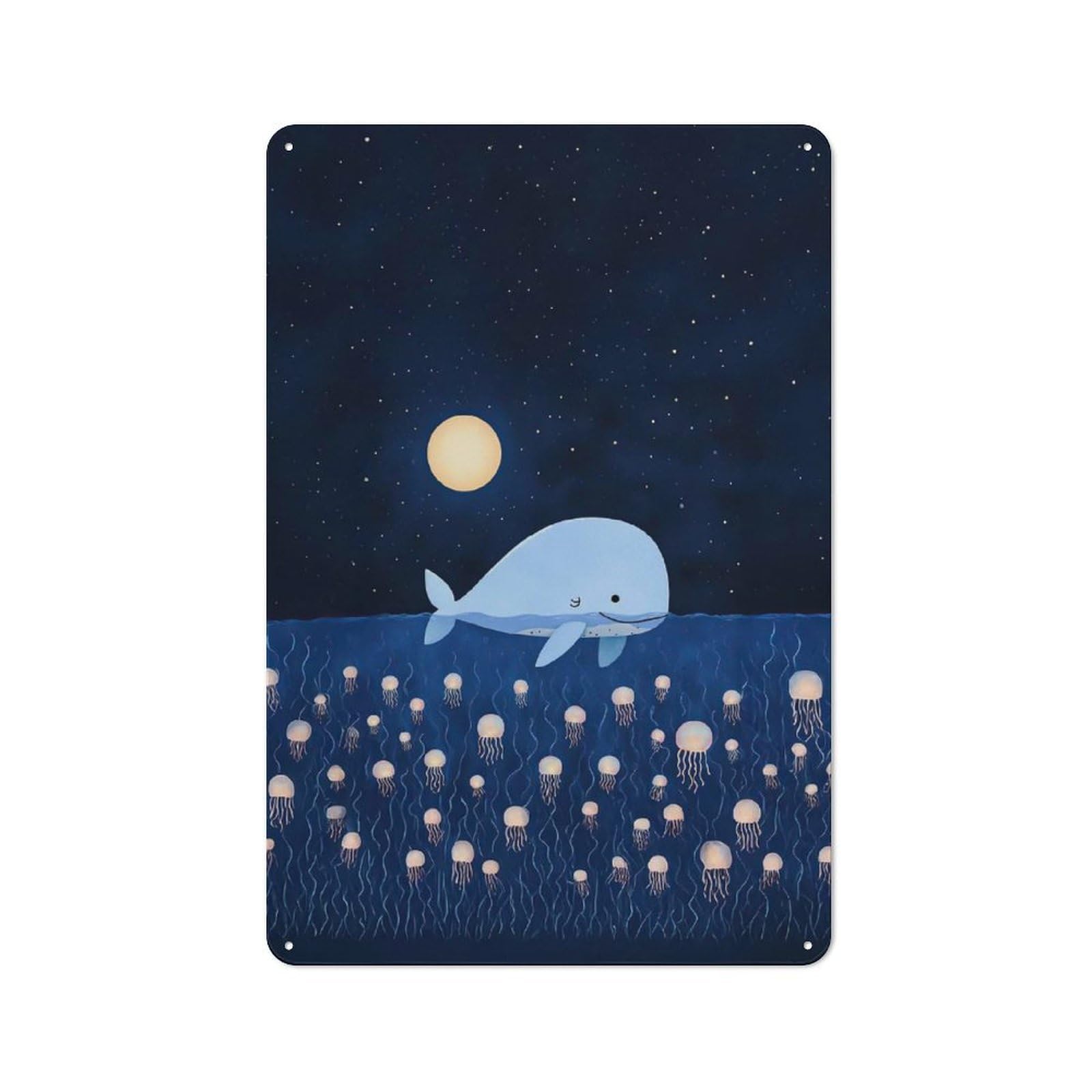 Junmoney Whale And Jellyfish Under Moonlight Retro Tin Sign 30X20cm For Living Room Or Hallway, Gift For Living Room Decor Lovers During The Christmas Season