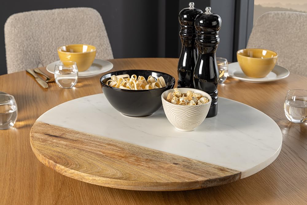 Drehteller Servant 50cm - weiß Natur - Mangoholz Marmor handgefertigt | Massiv, Unikat, montiert geliefert, pflegeleichte Oberfläche, Maserung, Holzmerkmale, Servierteller, Platte