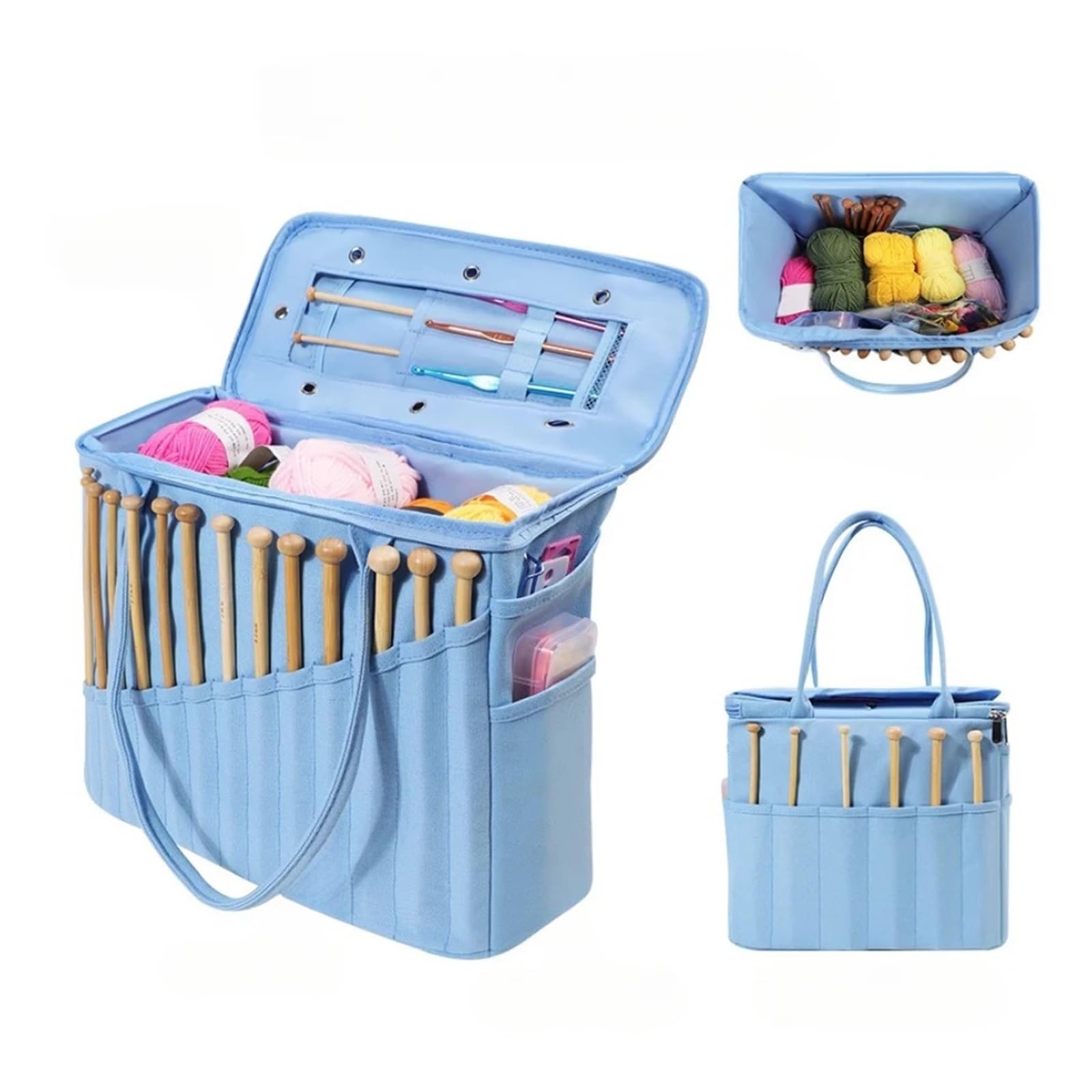 Wolle Aufbewahrung Bag Organizer-Garn-Aufbewahrungstasche mit großer Kapazität, solide Häkeltasche mit mehrschichtigen Taschen for Haken und Stricknadeln(Blue)