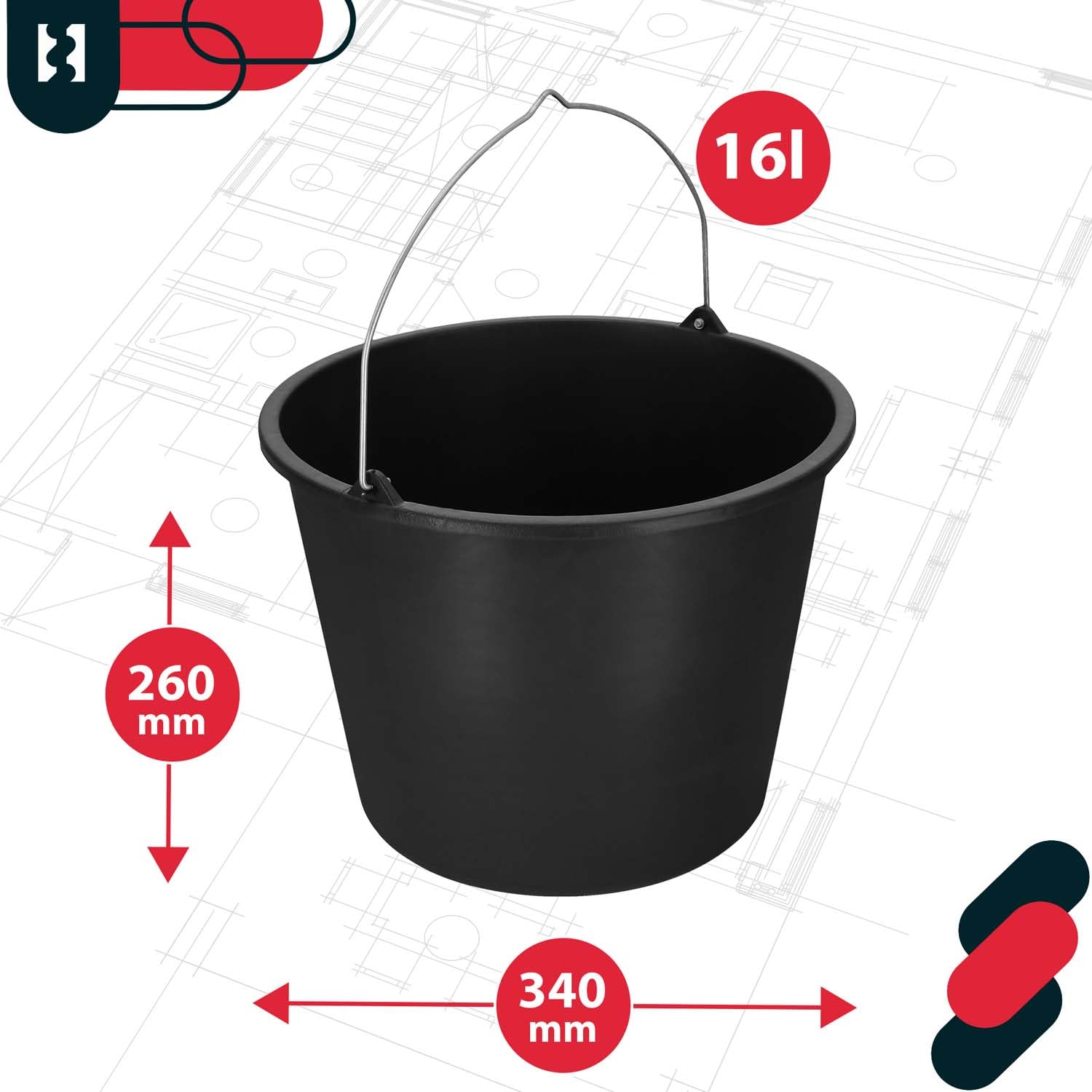 KOTARBAU® 20 Cubos de Plástico Negro, 16 Litros, para Trabajos en Jardín, Construcción, Mortero, Cemento, Agua, Limpieza - Multiuso, Resistente, Con Asa
