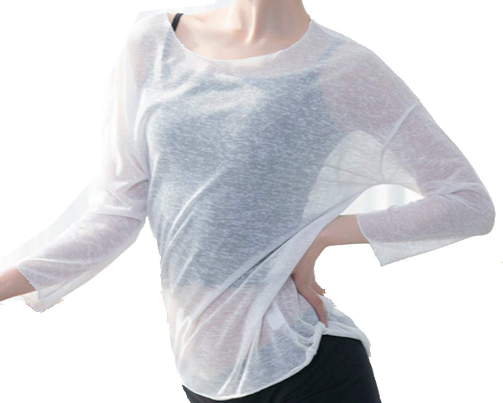 TTAO Women Mesh Long Sleeve Gymnastics Leotard Ballet Dance Dress Cover Up Tops Training Clothes Shirt White OneSize