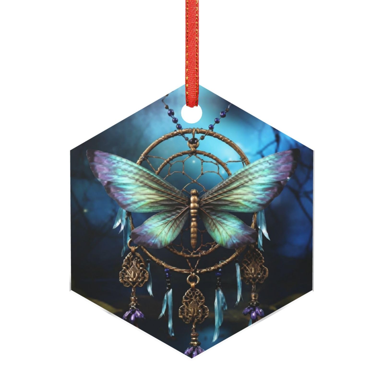 Acrylic Ornament Christmas Tree Decoration Clear Round Pendant with Red Ribbon Dream Catcher Dragonfly Christmas Ornaments Indoor Outdoor Hanging Acrylic Pendants for Xmas Party Decor