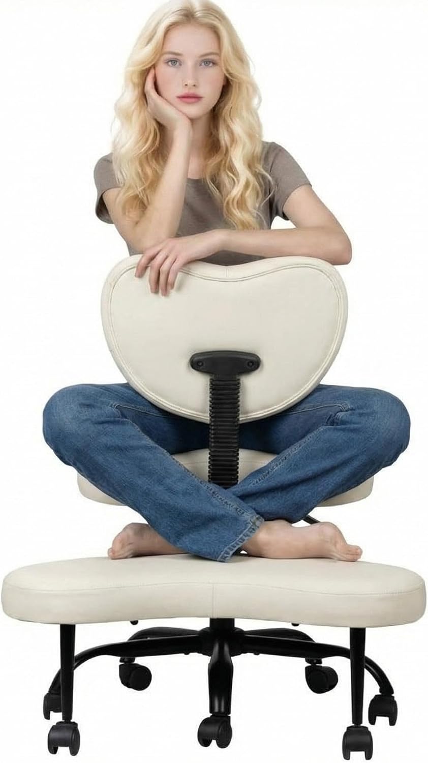 Ergonomic Criss Cross Chair, Oversized Cross Legged Office Chair with Lumbar Support & 6.7" Retractable Footrest, ANSI/BIFMA Certified ADHD Meditation Chair for Home Office (Off White)
